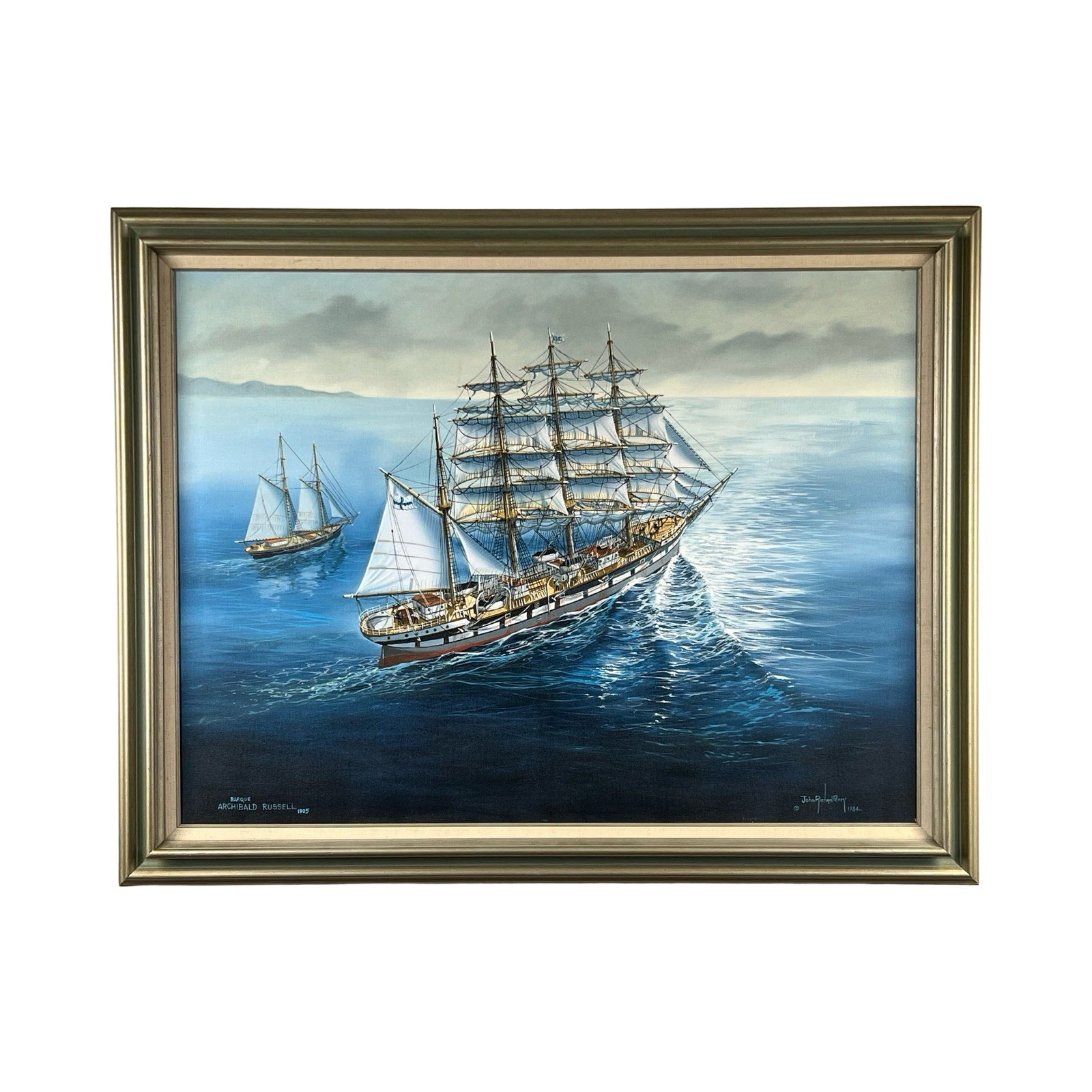 “Barque Archibald Russell 1905” oil on canvas by John Richard Perry (ME, 1984), signed lower right, depicts two sailing ships in calm blue seas near a hazy coastline under a cloudy sky. Brand: None or Unknown.
