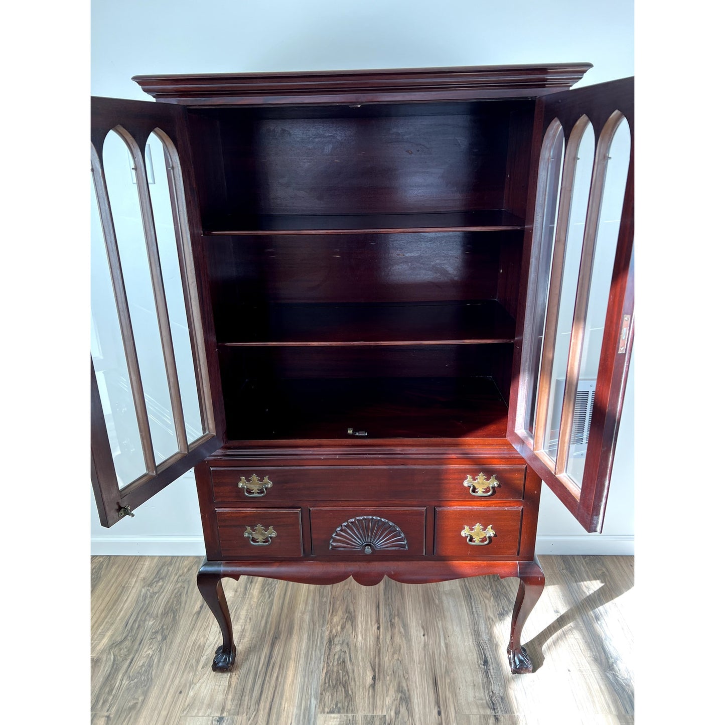 Vintage Mahogany Queen Anne Style Glass Door Book Case