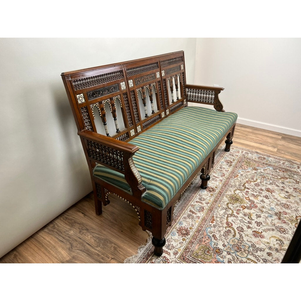 Antique Early 20th Century Moorish Settee with Bone and Mother of Pearl Inlay