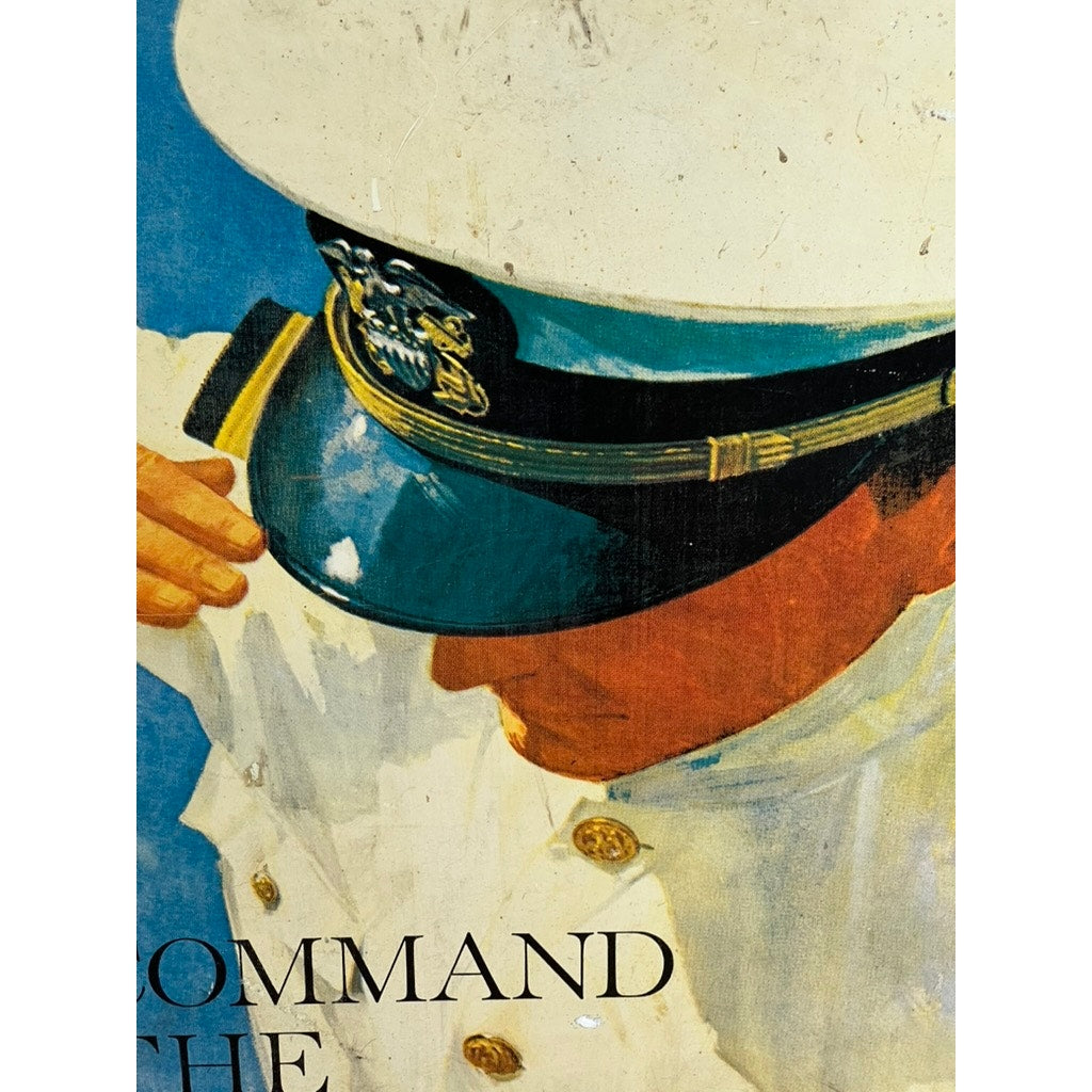A person in a white military uniform tips their cap beside the Original Vietnam Era Double Sided U.S. Navy Recruiting Tin Sign by Lou Nolan, featuring USS Saratoga. The sign’s background and the COMMAND lettering are visible.
