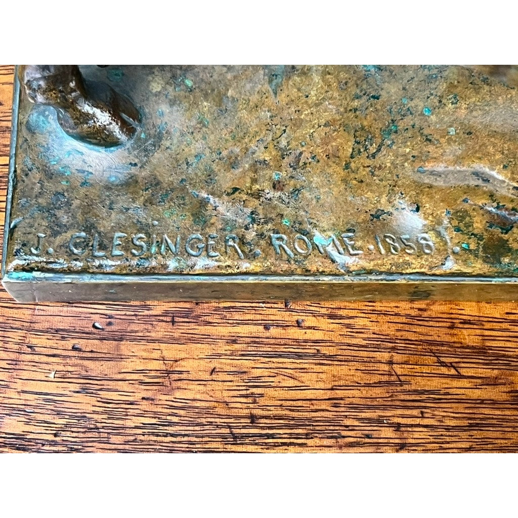 Close-up of the base of the Jean-Baptiste Clesinger “Taureau Romain” bronze sculpture, Barbedienne Foundry, Rome 1858, engraved with the artist’s name—a showcase of Clesinger’s craftsmanship.