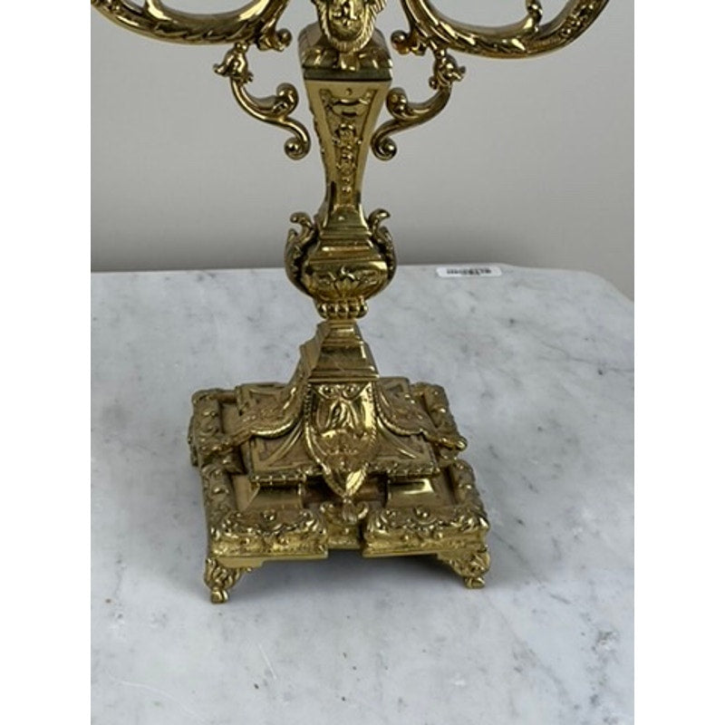 Antique pair of late 19th century brass three-light candelabra, featuring ornate intricate designs and a square marble base—perfect for adding an elegant Victorian accent to your home décor. Brand: Unknown.