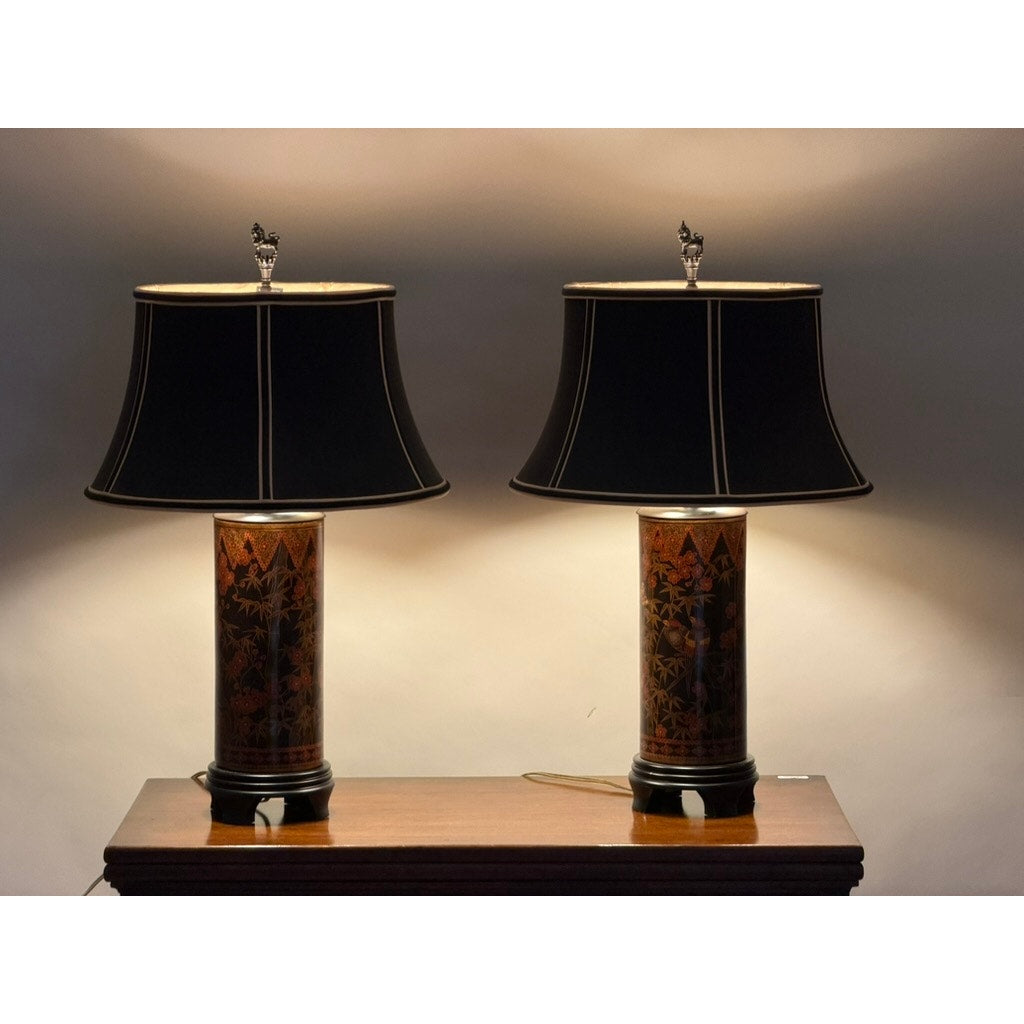 Pair of Frederick Cooper Chinoiserie Lacquer Table Lamps with Foo Dog Finials, 2003