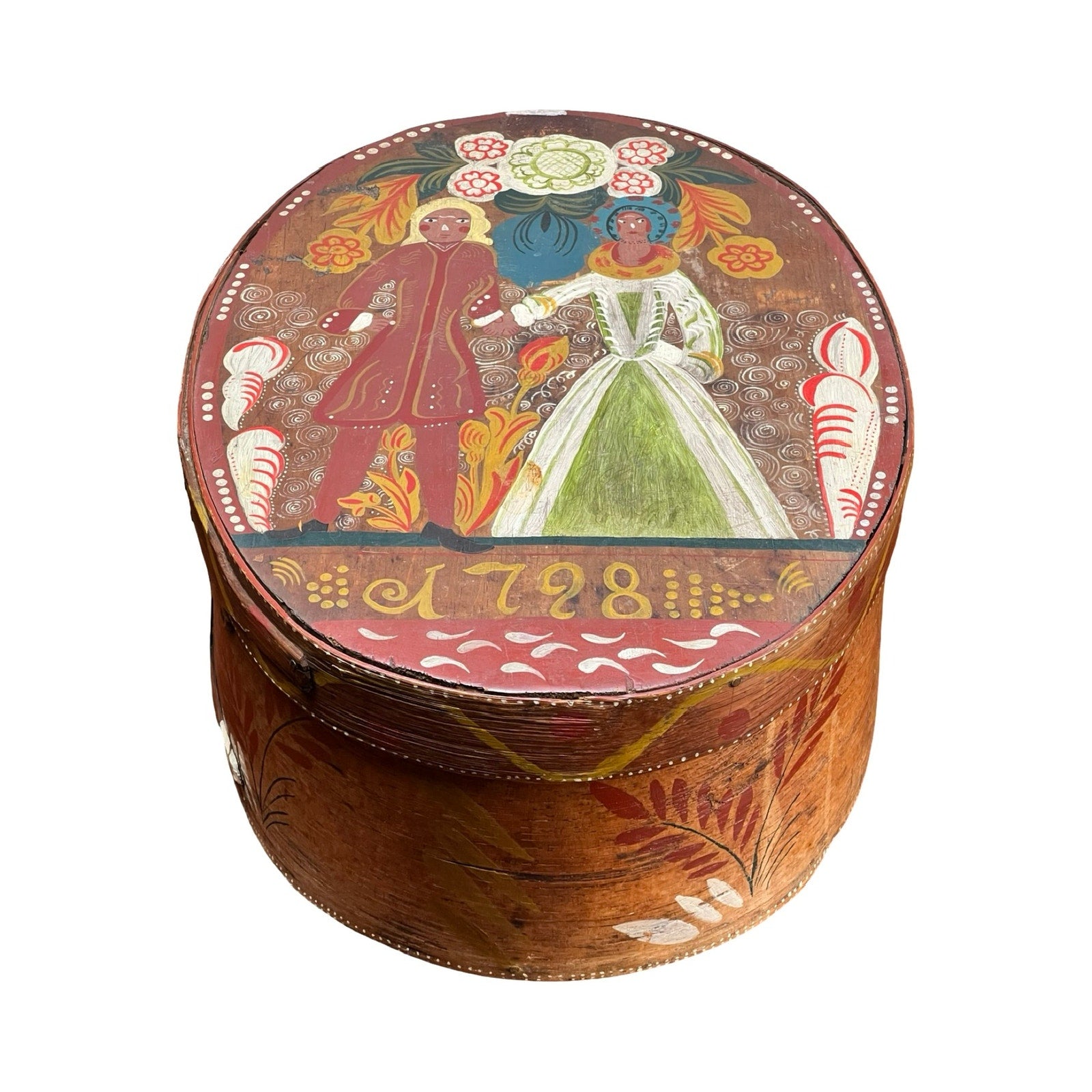 Antique Swedish Polychrome Painted Marriage Box, dated 1798, featuring a bentwood oval shape with lid, decorated with historic figures and floral motifs—a fine example of Scandinavian folk art. Brand: Unknown.