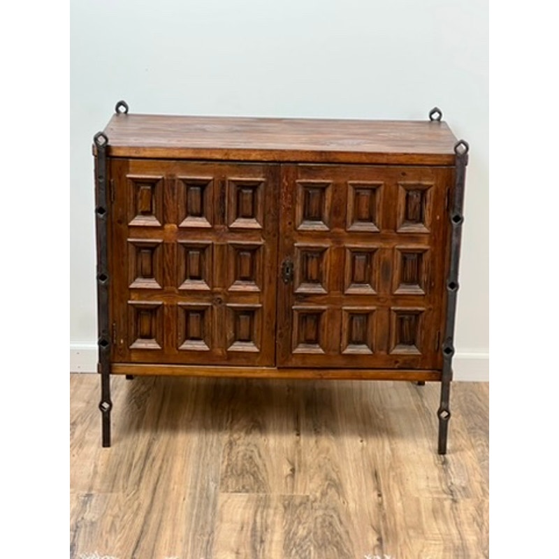 Vintage Spanish Brutalist Cabinet in Stained Pine and Iron