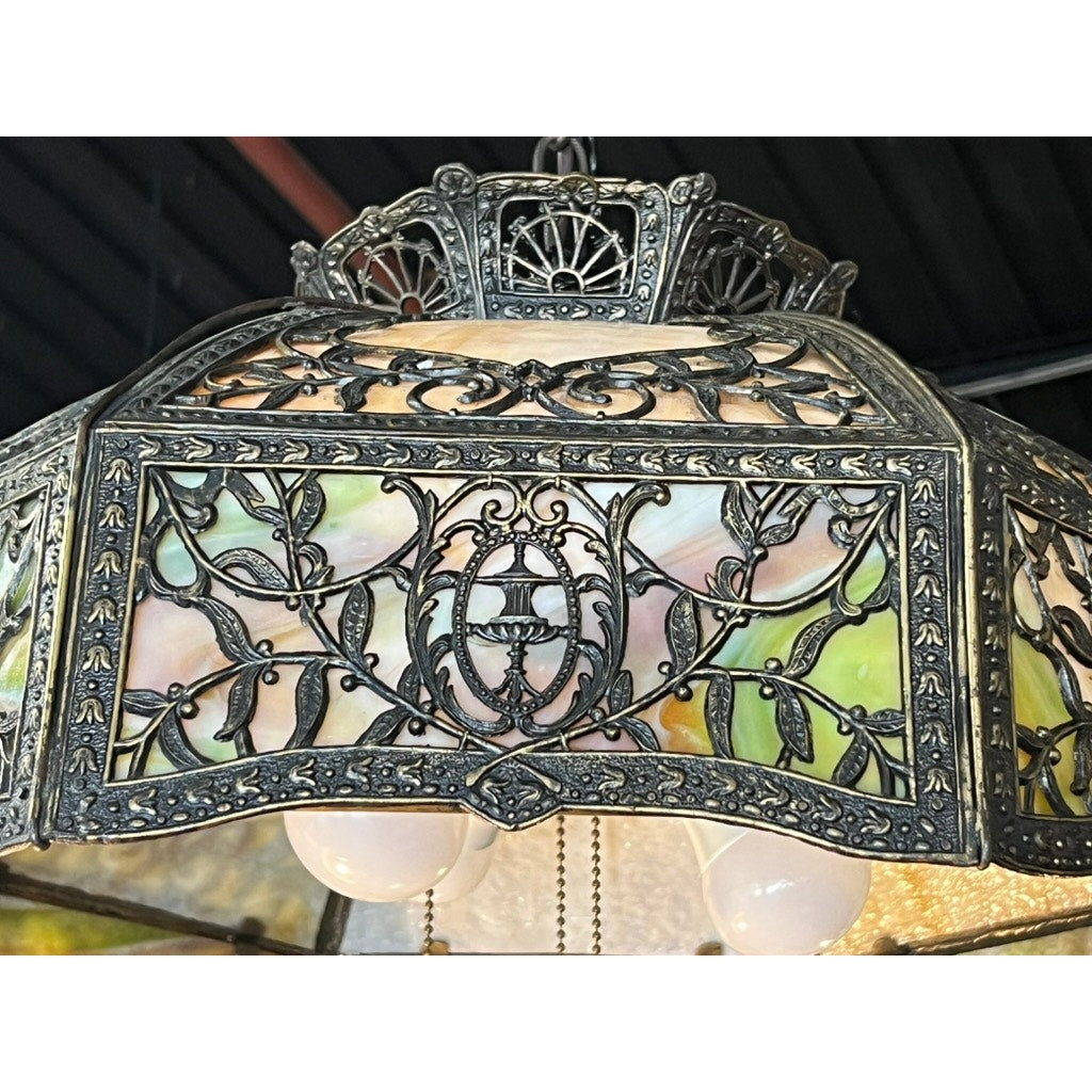 Early 20th century hanging lamp with floral metalwork and slag glass shade