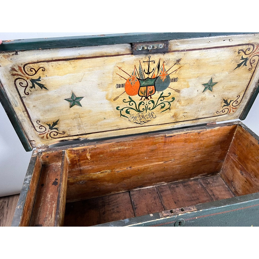 Antique Paint Decorated English Sea Chest, late 19th century, with a painted interior lid featuring flags, anchor, stars, and scrollwork; empty inside with visible wood grain and compartments. Brand: None/Unknown.