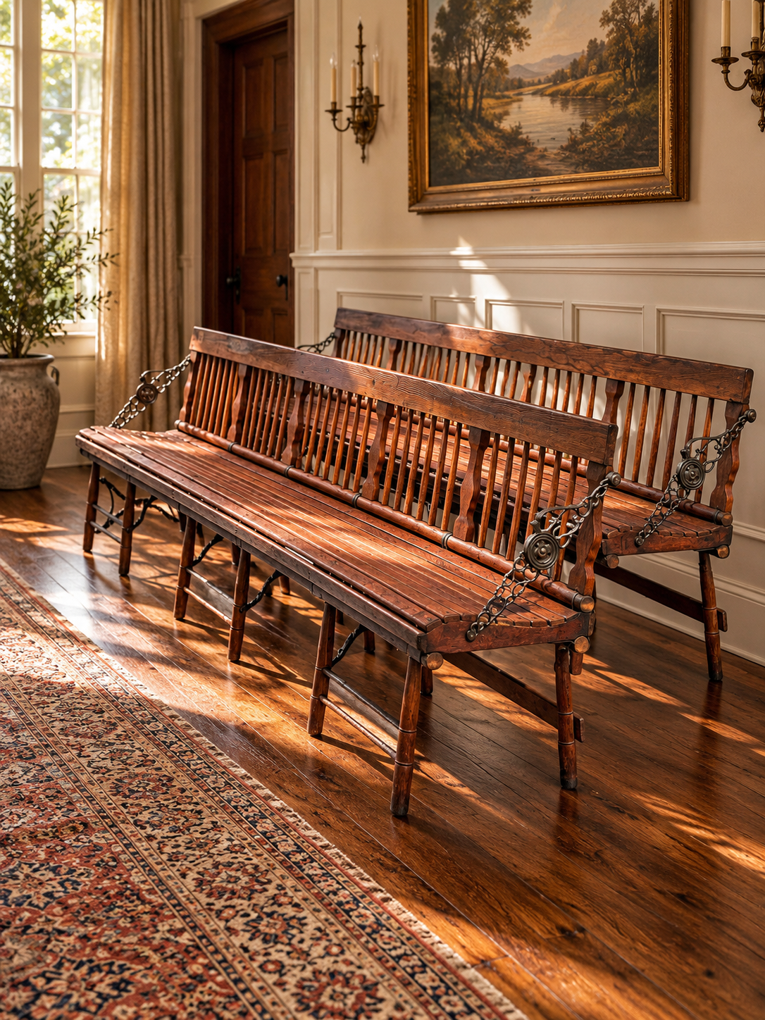 A pair of Pair Antique Chestnut Folding Railroad Benches c. Late 19th Century featuring slatted wooden seats and iron chain accents, resting on a wood floor.