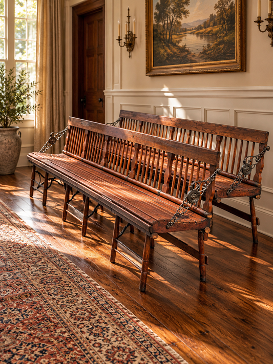 A pair of Pair Antique Chestnut Folding Railroad Benches c. Late 19th Century featuring slatted wooden seats and iron chain accents, resting on a wood floor.