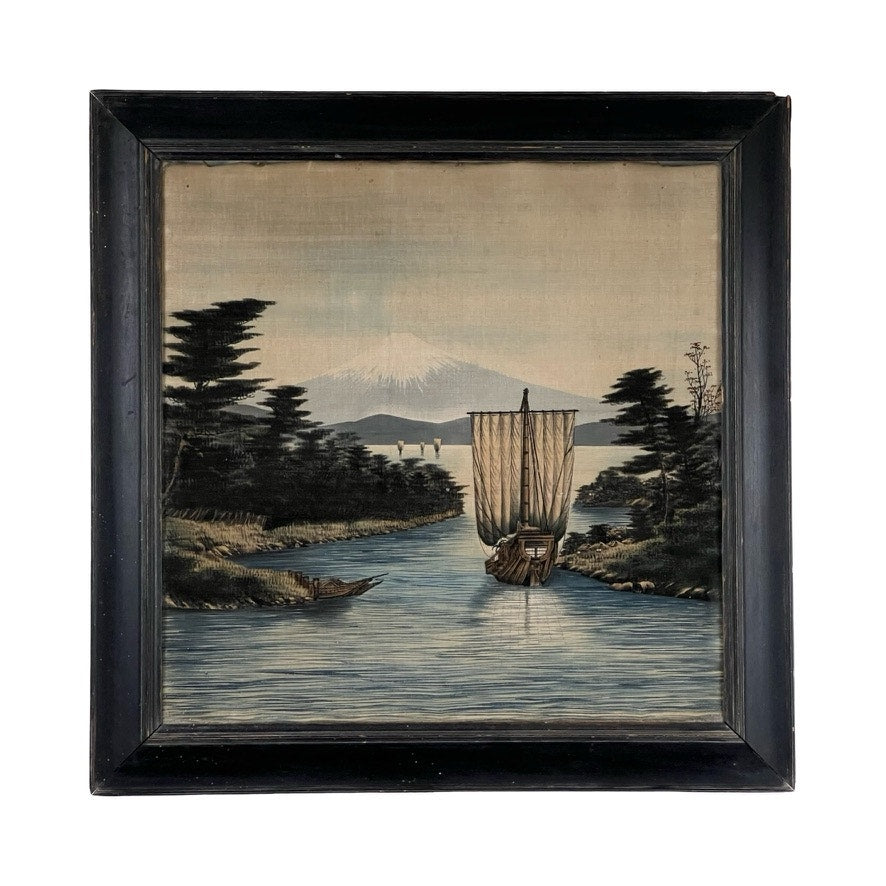 Japanese Meiji Period Embroidered Painting, attributed to Nishimura Sozaemon of Kyoto, featuring a sailboat on a calm river with trees and snow-capped mountains beneath a pale sky.
