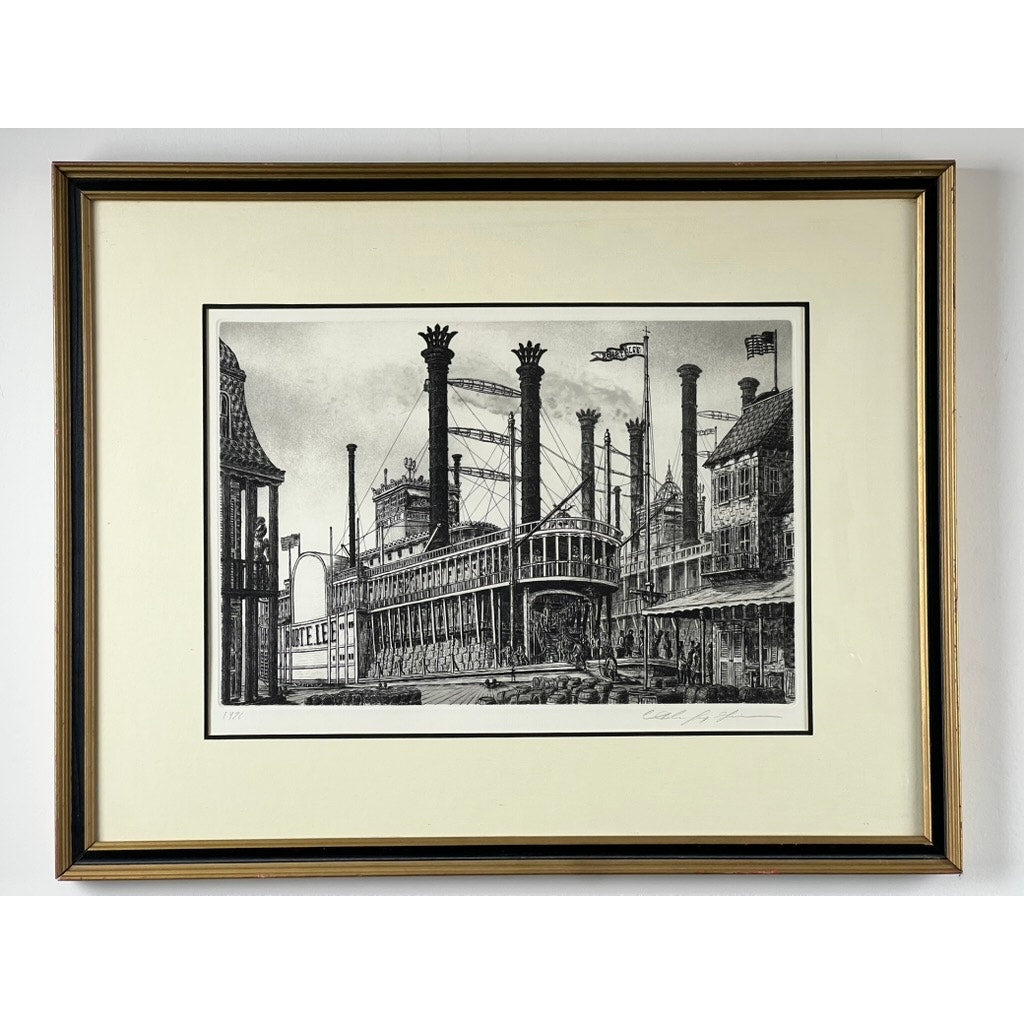 Framed Etching “Steamboat Robert E. Lee” by Alan Jay Gaines features the iconic steamboat at a lively dock, with smokestacks, flags, historic buildings, and crowds on the pier. Brand: None/Unknown.
