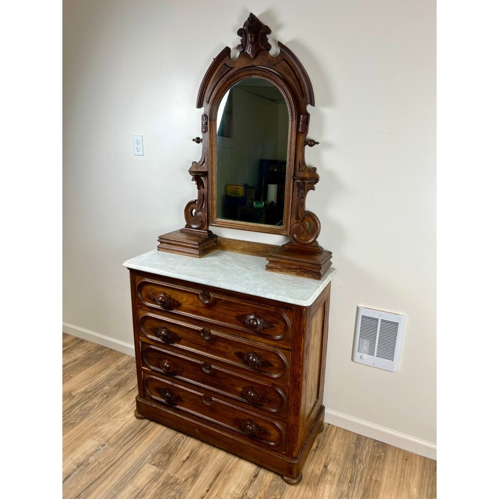 Antique Victorian Chestnut Four Drawer Marble Top Dresser c. 1900