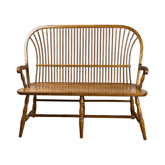Vintage Amish oak Windsor bench with tall spindle back