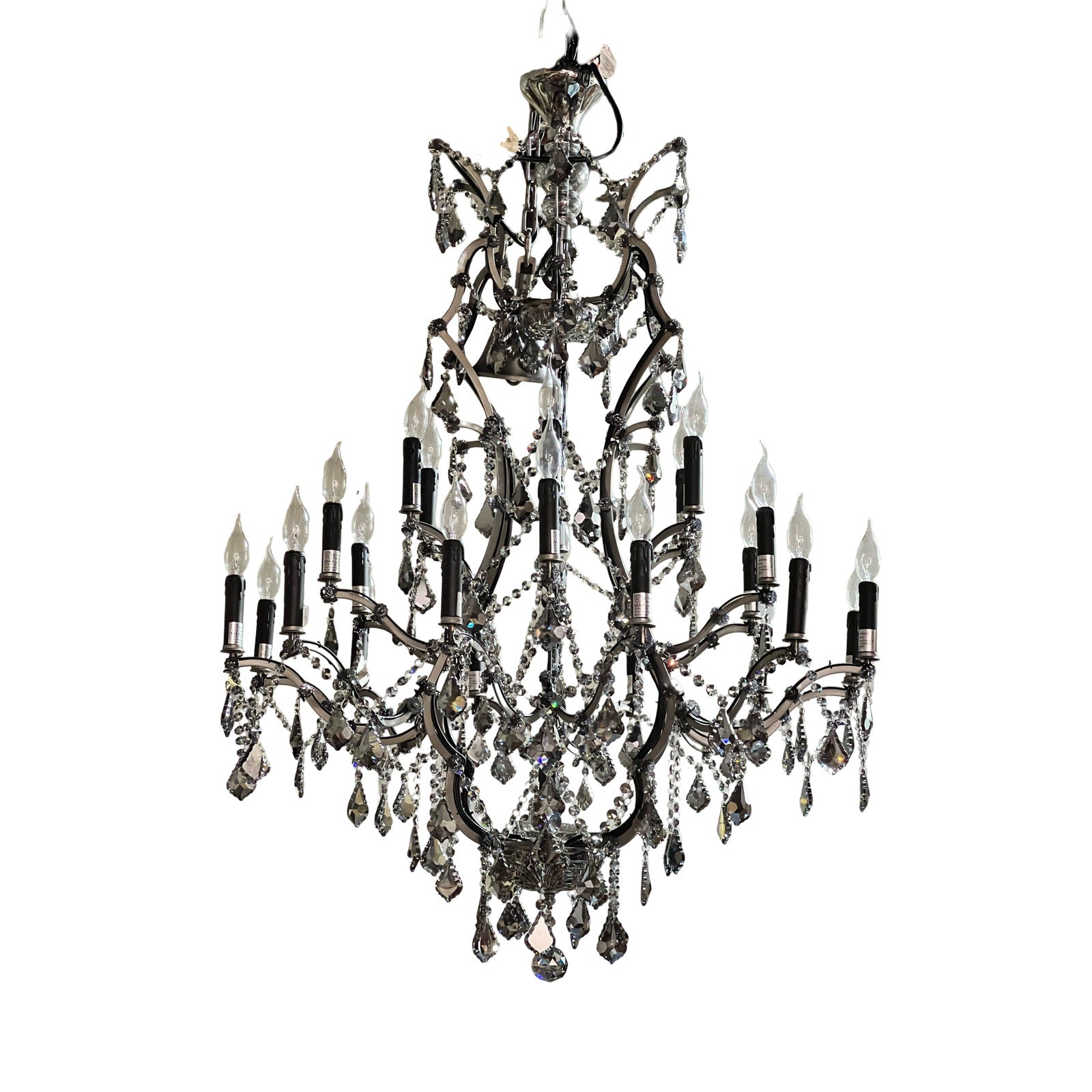 The Large Vintage Smoke Crystal 24 Light Chandelier features multiple curved arms, candle-style bulbs, and hanging smoke crystal accents in an ornate tiered design set against a white background.
