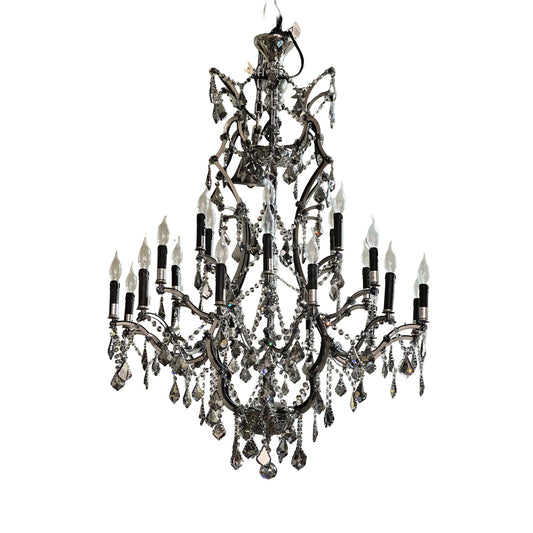 The Large Vintage Smoke Crystal 24 Light Chandelier features multiple curved arms, candle-style bulbs, and hanging smoke crystal accents in an ornate tiered design set against a white background.