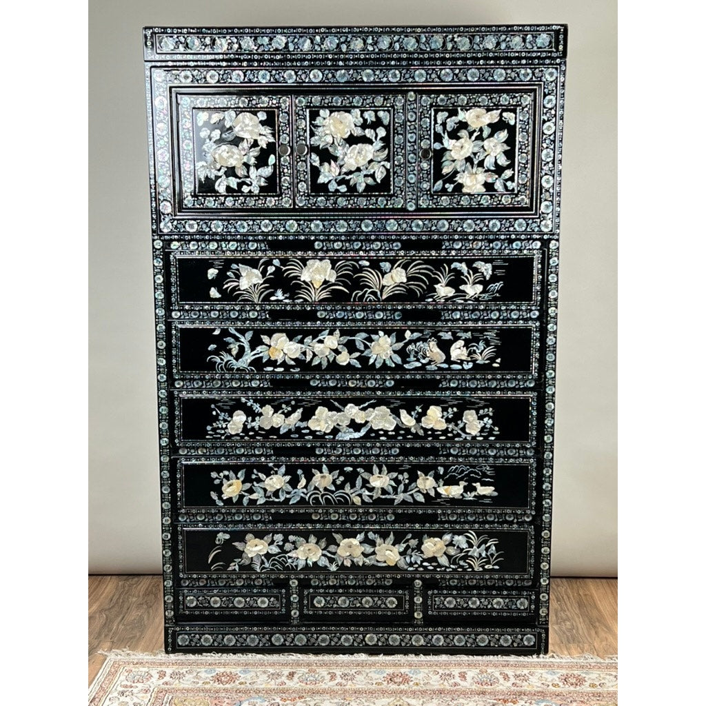 Vintage Korean Black Lacquer and Abalone Shell Inlaid Chest