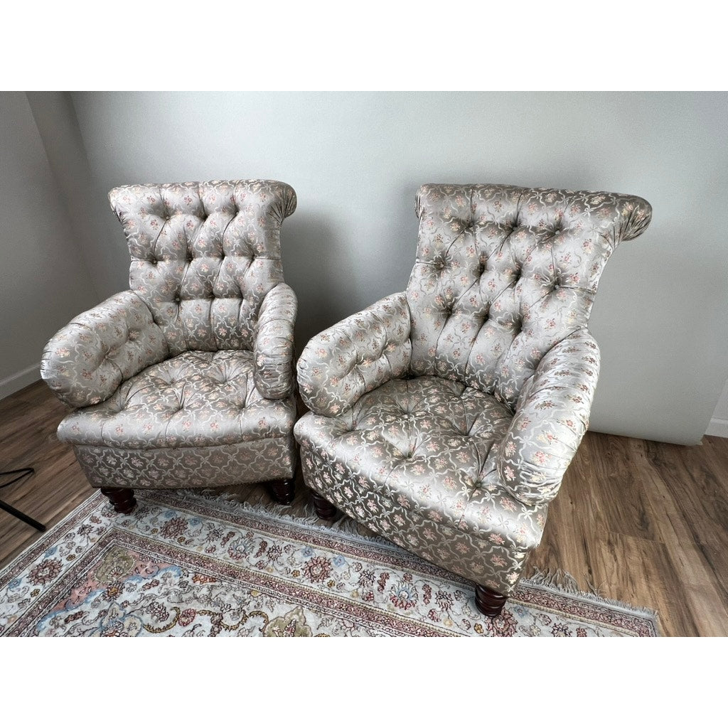 Vintage Pair English Regency Style Tufted Library Chairs in Fine Silk