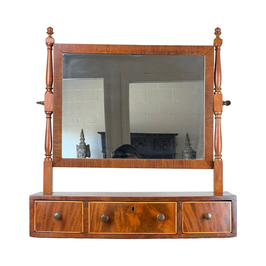 Antique Federal bow front mahogany shaving mirror with three drawers