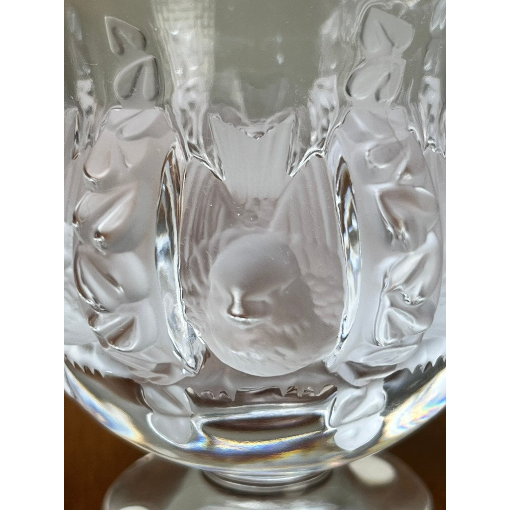 Close-up of a Vintage Lalique Dampierre Sparrow Footed Vase, featuring intricate embossed sparrow and leaf designs, reminiscent of collectible Lalique artistry.