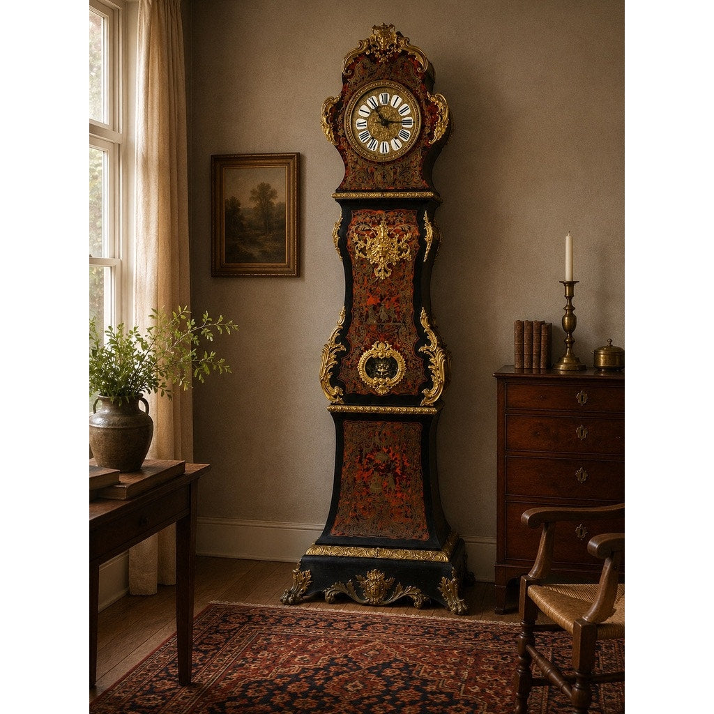A Monumental French Napoleon III Boulle Marquetry Floor Clock with Ormolu Mounts, circa 1865–1885, stands in a classic room featuring a window, antique furniture, a framed painting, a candle, a plant, and a patterned rug.