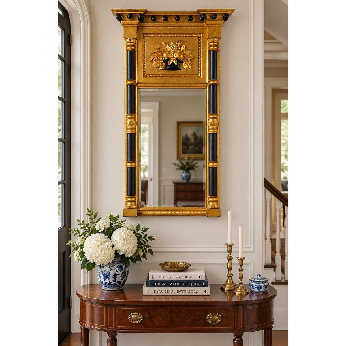 Massachusetts Federal Giltwood & Ebonized Pier Mirror with Fruit Basket, c.1820