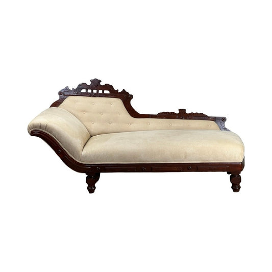 Antique Eastlake Victorian walnut fainting couch with beige upholstery