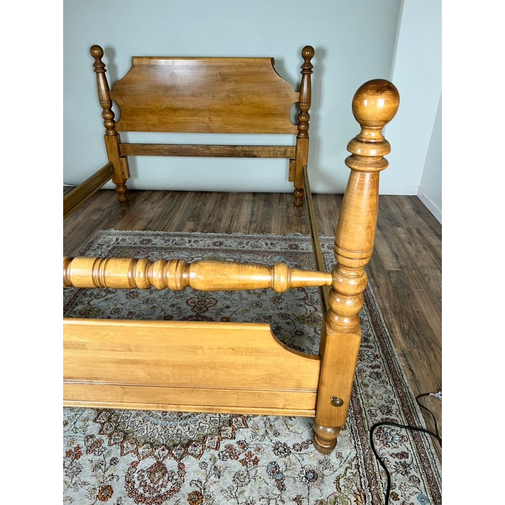 Vintage Rock Maple Cannonball Queen Size Bed frame featuring tall posts topped with spheres and a matching headboard and footboard in a vintage cannonball style.