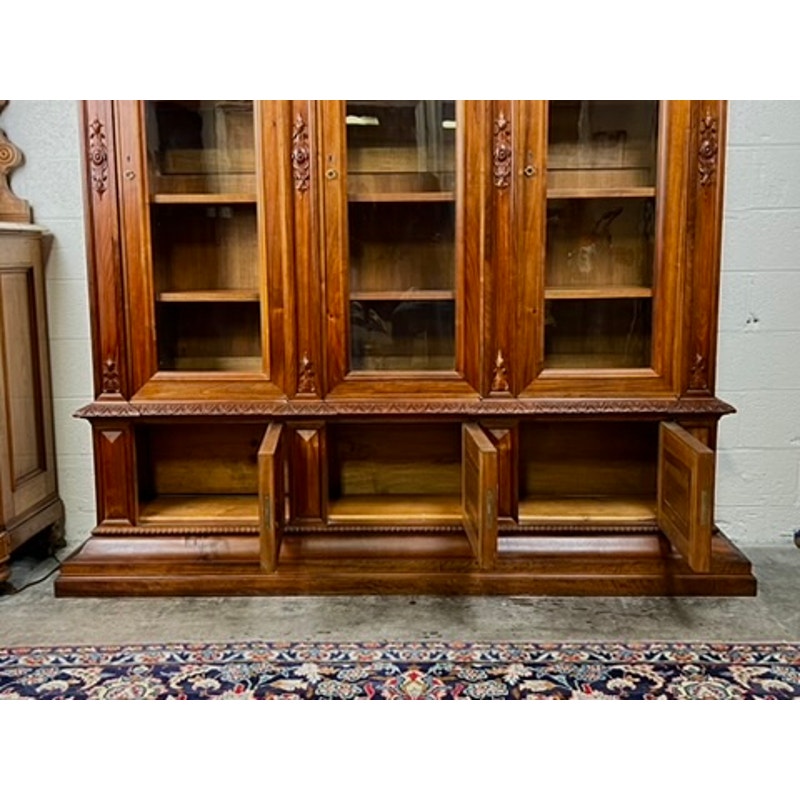 Antique Monumental French Renaissance Revival Solid Walnut Glass Door Bookcase c. Early 20th C.