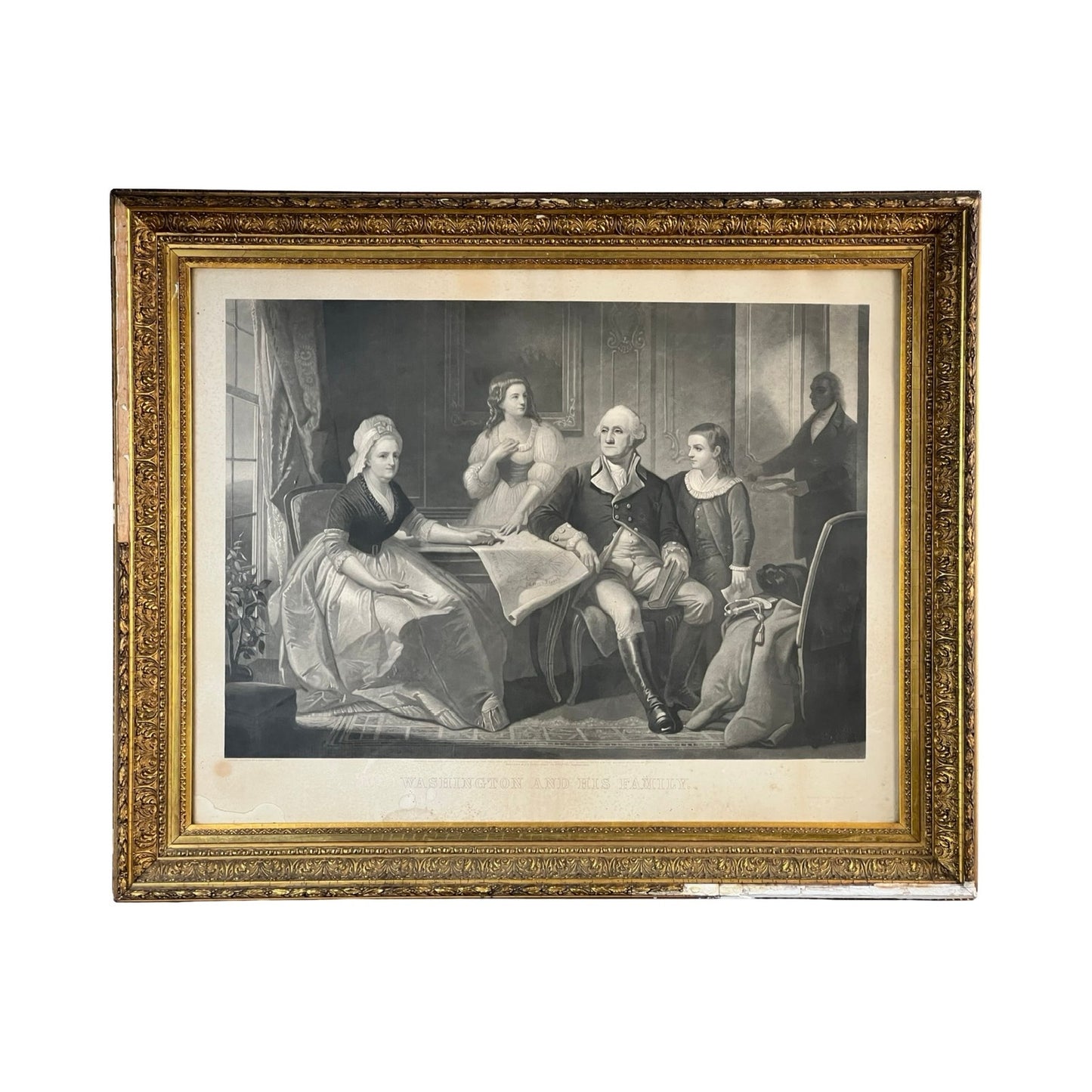 An antique 1858 engraving titled “Washington and His Family,” published by Bradley & Co., Philadelphia, and presented in a period gilt frame, features a vintage black-and-white scene of George Washington seated with Martha Washington and two young women—each dressed in 18th-century attire—in an elegant room adorned with draped curtains and a window. This striking 19th-century artwork beautifully captures a moment of early American history.