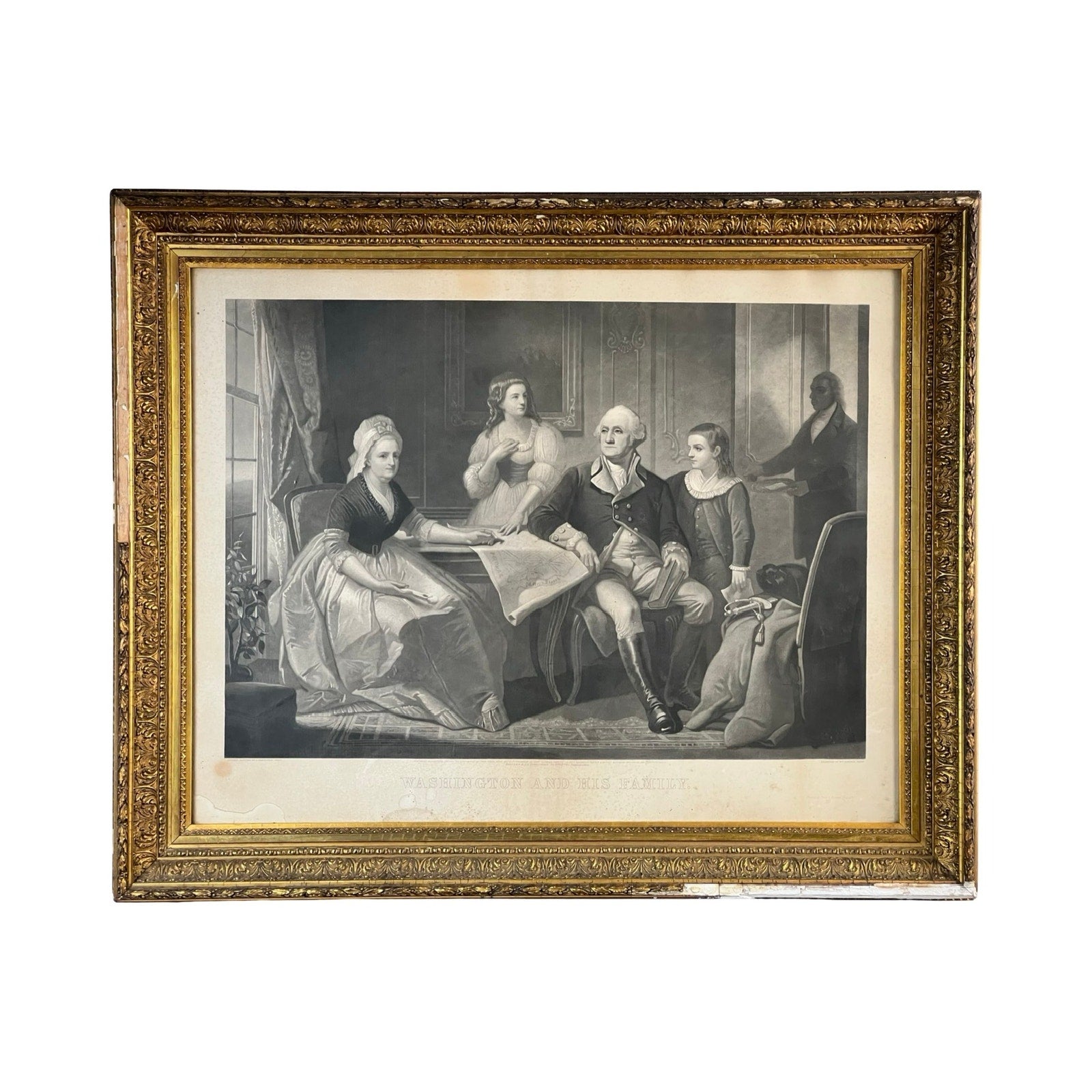 An antique 1858 engraving titled “Washington and His Family,” published by Bradley & Co., Philadelphia, and presented in a period gilt frame, features a vintage black-and-white scene of George Washington seated with Martha Washington and two young women—each dressed in 18th-century attire—in an elegant room adorned with draped curtains and a window. This striking 19th-century artwork beautifully captures a moment of early American history.