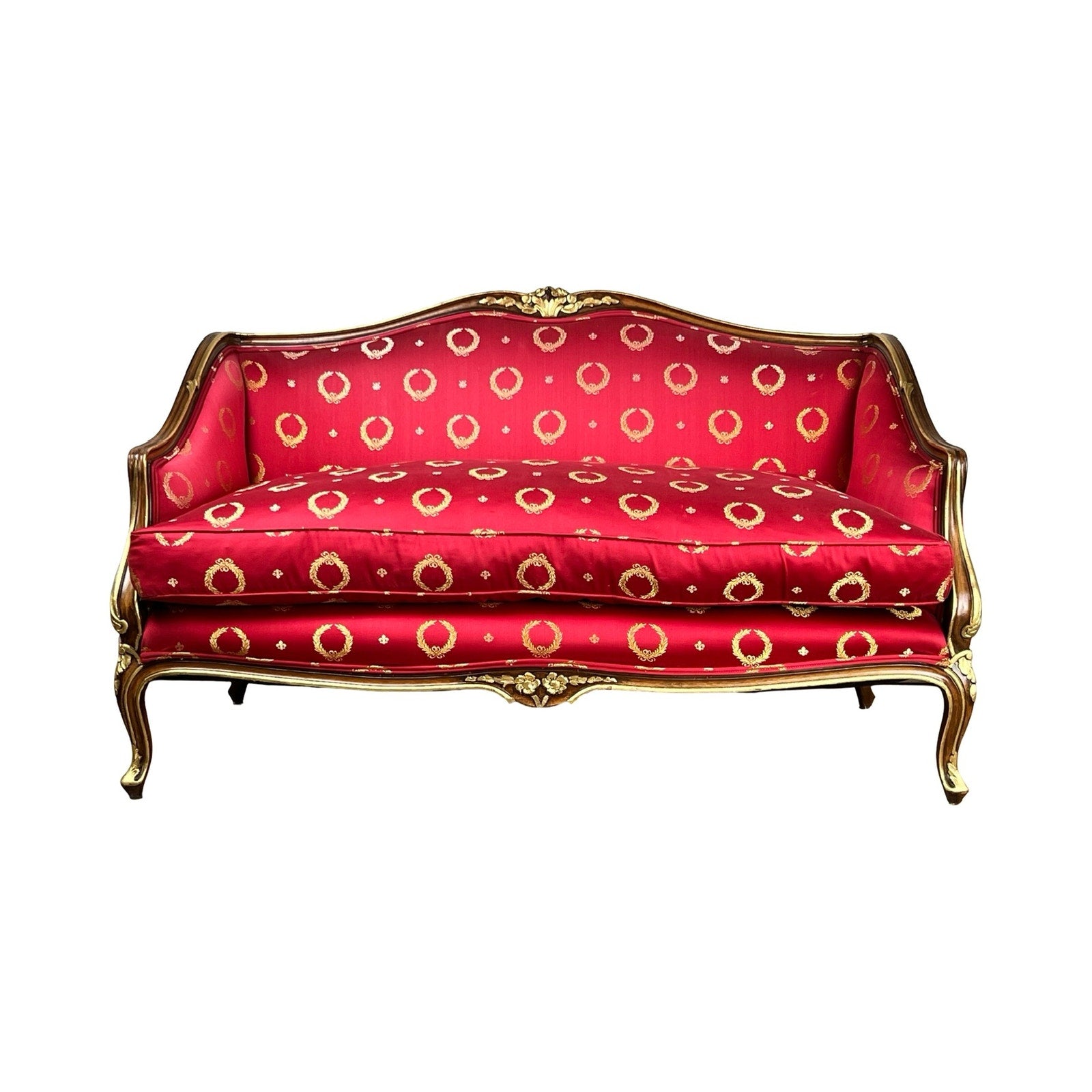 The Vintage French Regency Style Custom Upholstered Settee features a giltwood frame, curved legs, and red fabric with gold circular designs. Brand is none or unknown.