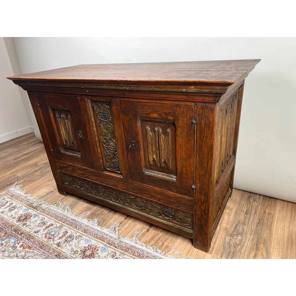 Antique English Oak Court Cabinet with Linen Fold Carved Panels from St. Joseph’s Abby