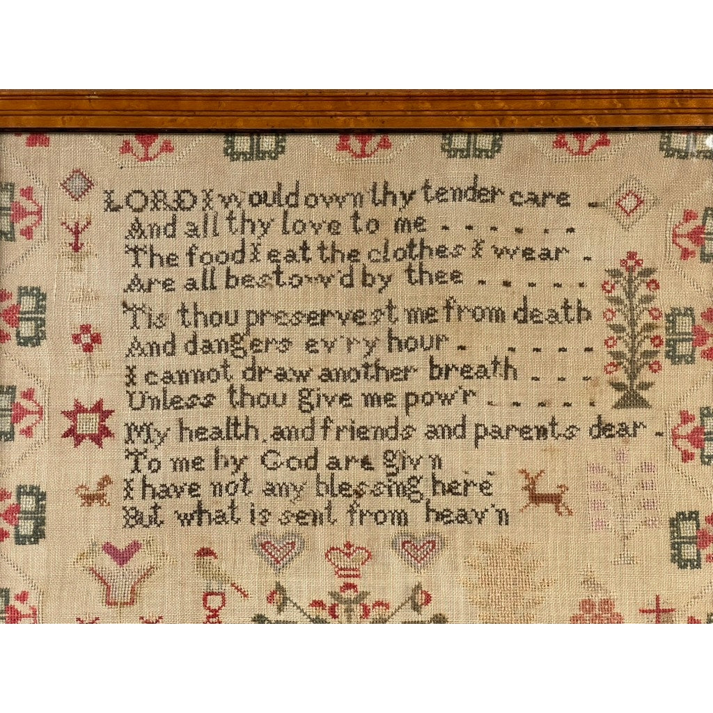 Presenting an exceptional English Regency schoolgirl needlework sampler, crafted by Charlotte Rees at age 11 and dated 1816. This framed piece features decorative motifs and a meticulously stitched religious verse expressing themes of God's care, blessings, and protection. The sampler showcases delightful symbols including hearts, birds, flowers, and trees—an exquisite example reminiscent of early 19th-century artistry.