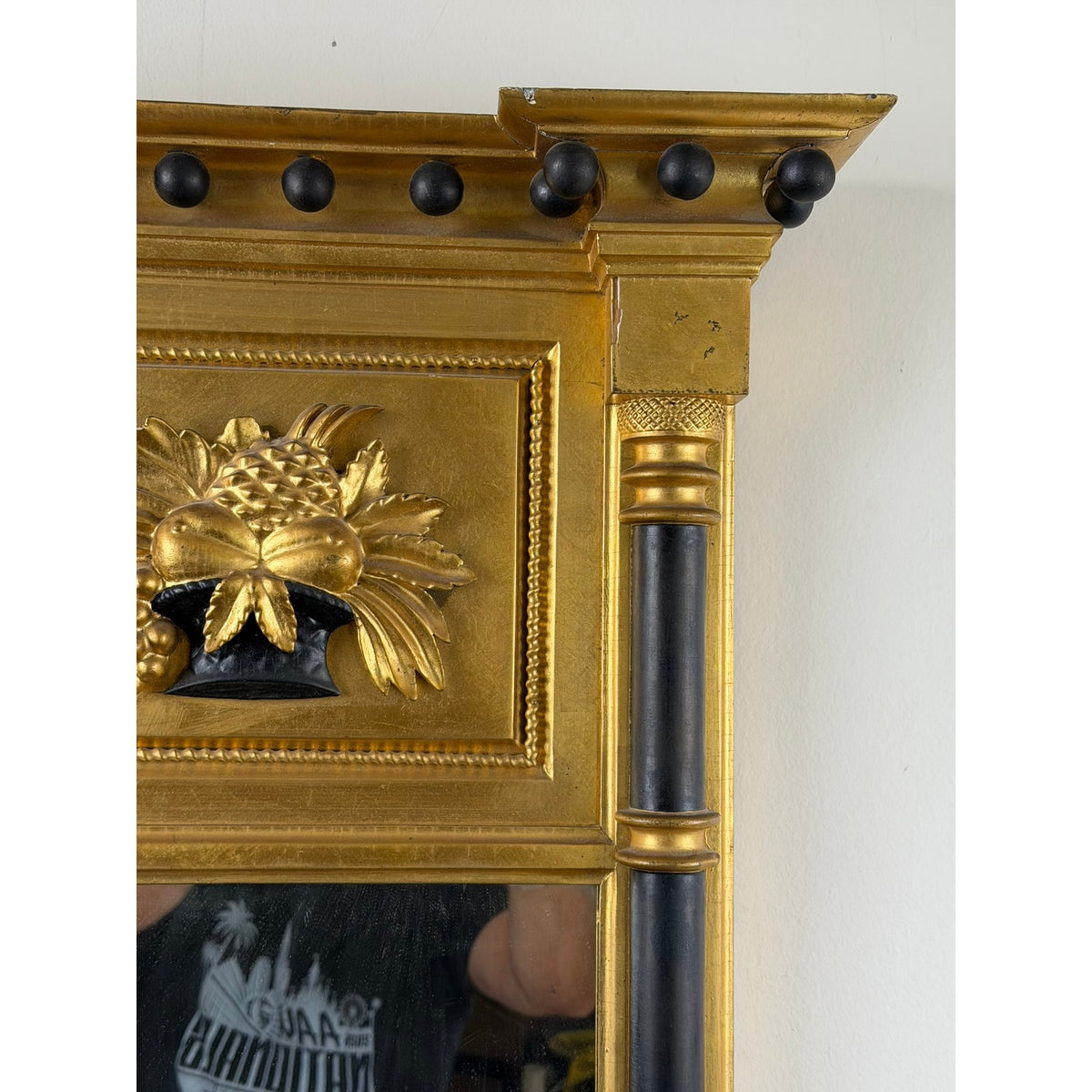 Massachusetts Federal Giltwood & Ebonized Pier Mirror with Fruit Basket, c.1820