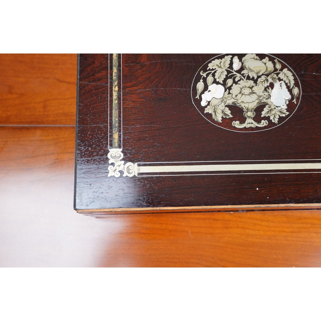 Antique Napoleon III Rosewood Lap Desk with Brass and Mother of Pearl Inlay