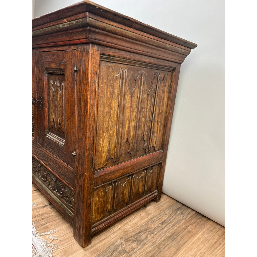 Antique English Oak Court Cabinet with Linen Fold Carved Panels from St. Joseph’s Abby