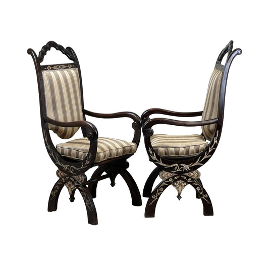 Vintage Pair of Carved North African Campeche Arm Chairs