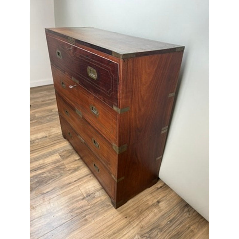 Antique English Teak Campaign Secretary with Brass Inlay and Banding Campaign Secretary c. Mid 19th Century