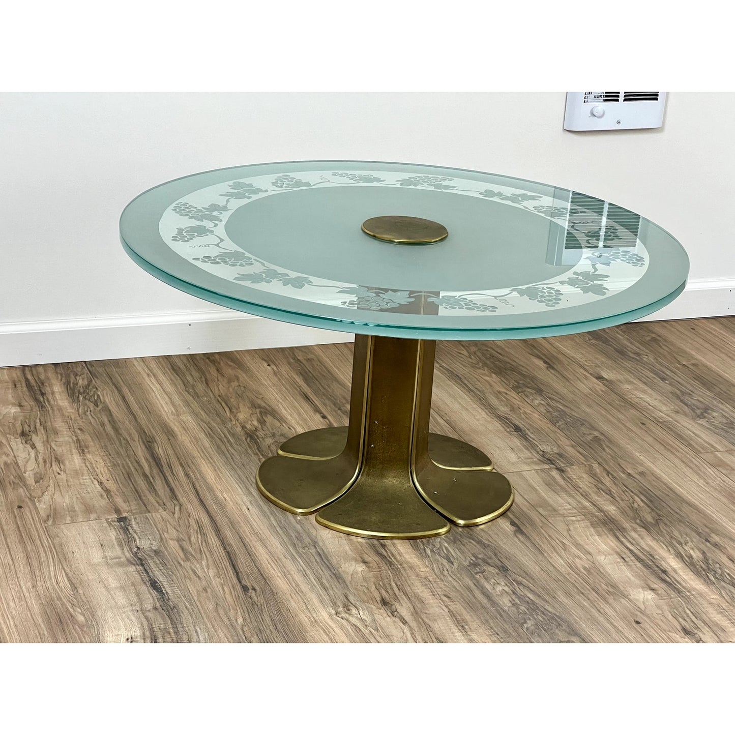 Vintage Etched Glass and Brass Coffee Table with Stylized Flower Petal Base