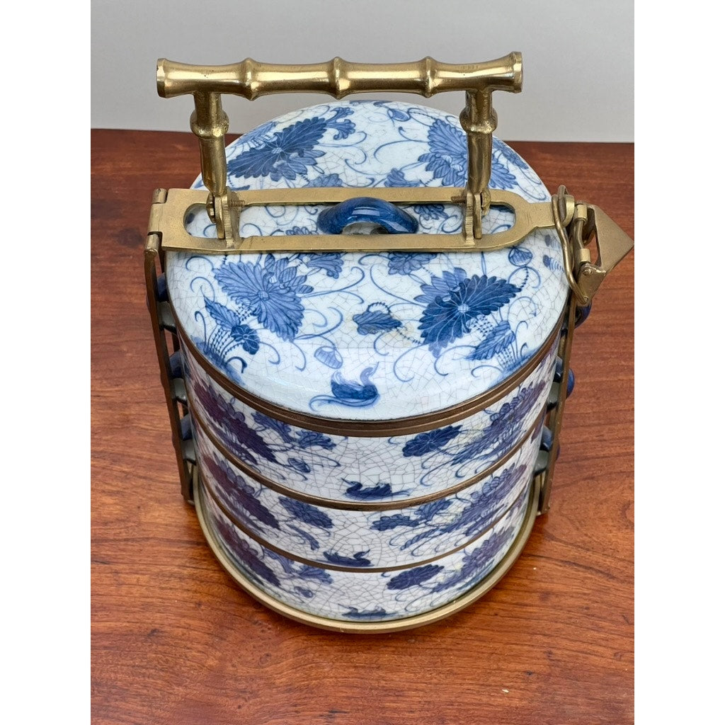 Antique Blue and White Porcelain Three Tier Tiffin Carrier c. Early 20th Century