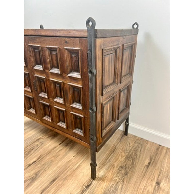 Vintage Spanish Brutalist Cabinet in Stained Pine and Iron