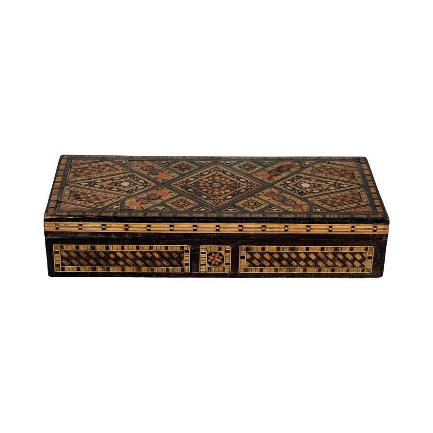 The Antique Persian (probably Syrian) Khatam Inlaid Wood Jewelry Box, early 20th century, features intricate geometric patterns in brown, black, and beige on its lid and sides, shown against a white background.