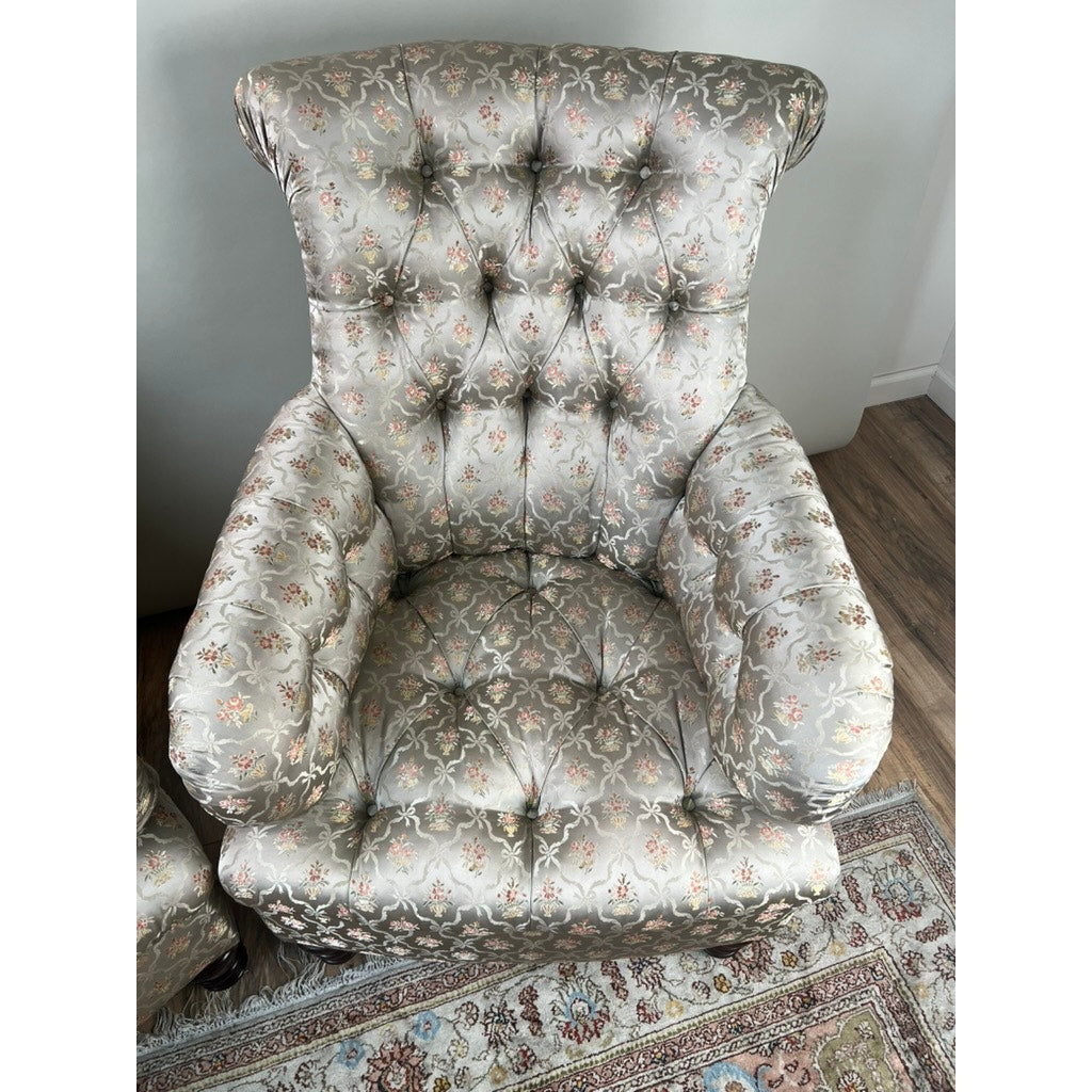 Vintage Pair English Regency Style Tufted Library Chairs in Fine Silk