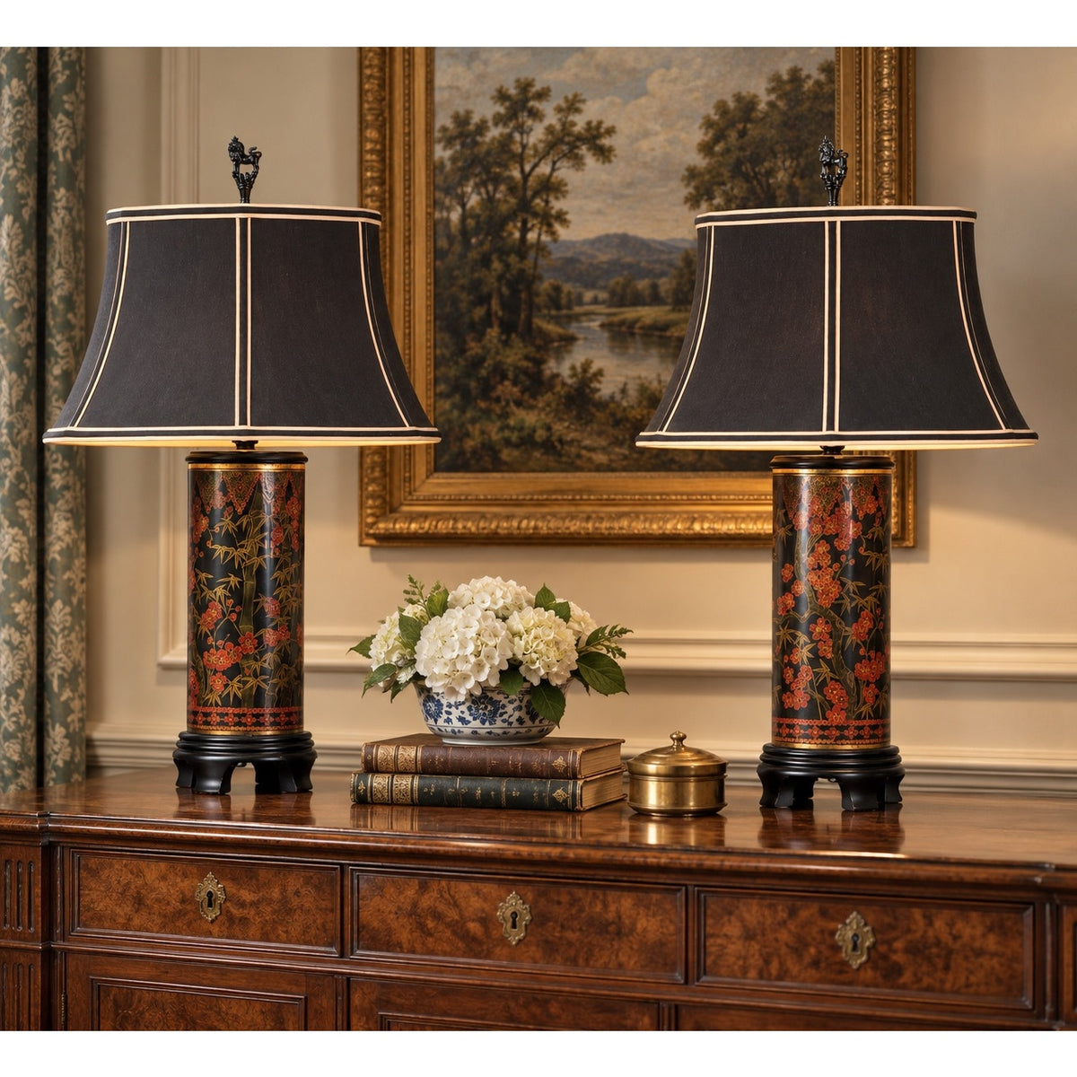 Pair of Frederick Cooper Chinoiserie Lacquer Table Lamps with Foo Dog Finials, 2003