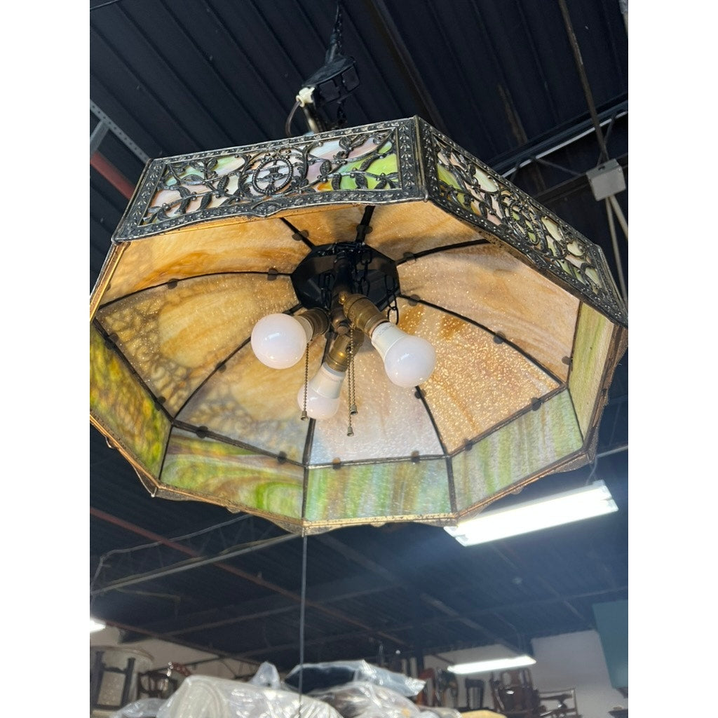 Art Nouveau slag glass lamp with chain and canopy suspension c.1920