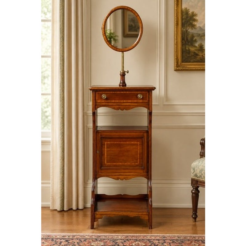 Antique English Mahogany Inlaid Shaving Stand with Adjustable Mirror, c. 1880–1900, featuring a round mirror, a single top drawer, a central cabinet door, and a lower open shelf.