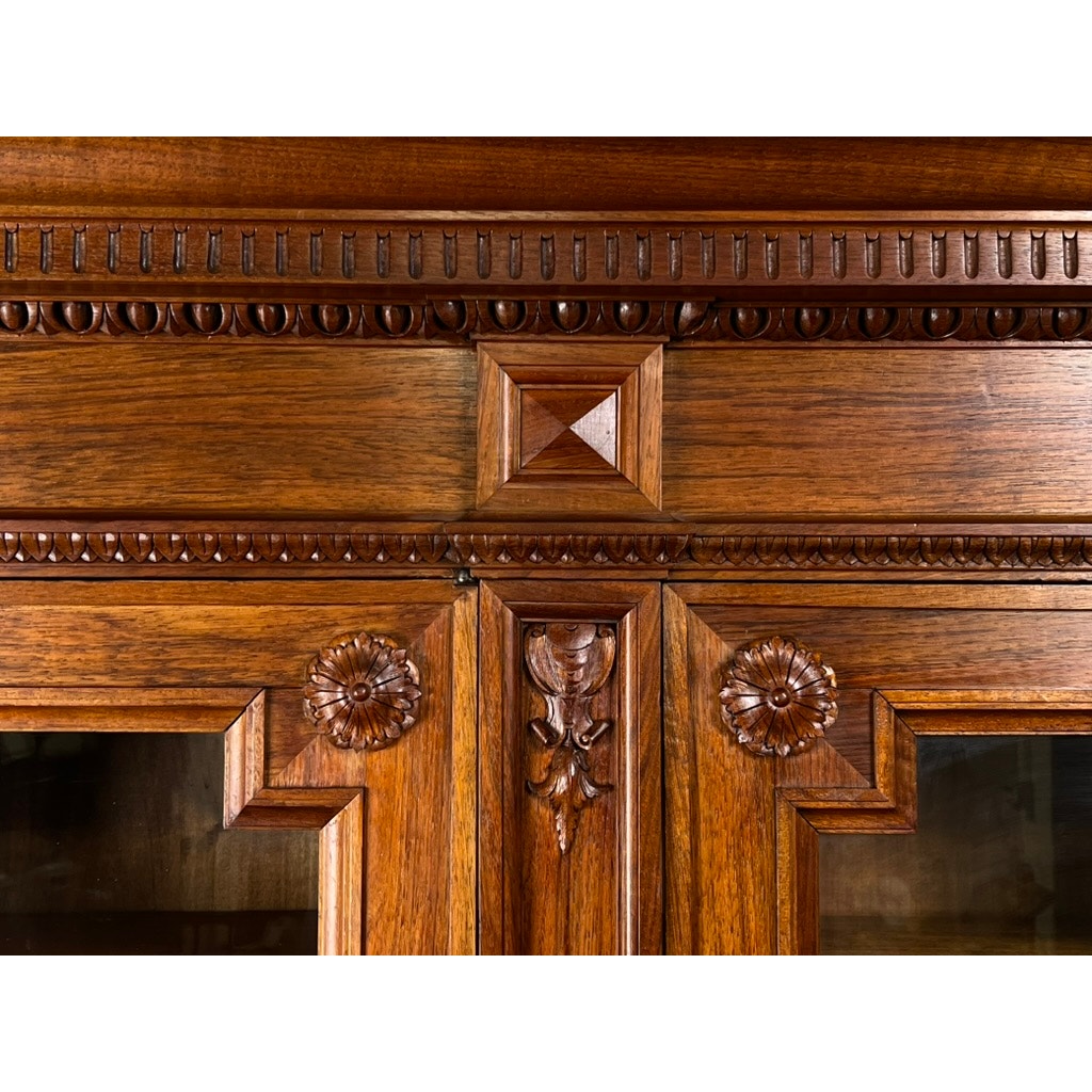 Antique Monumental French Renaissance Revival Solid Walnut Glass Door Bookcase c. Early 20th C.