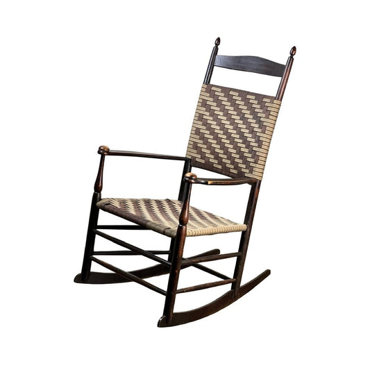 The Antique Shaker #6 Tape Seat Rocker by Mt. Lebanon Shakers (late 19th century) features a dark-stained wood frame, woven checkered seat and backrest, and classic traditional design inspired by Mount Lebanon Shaker style.