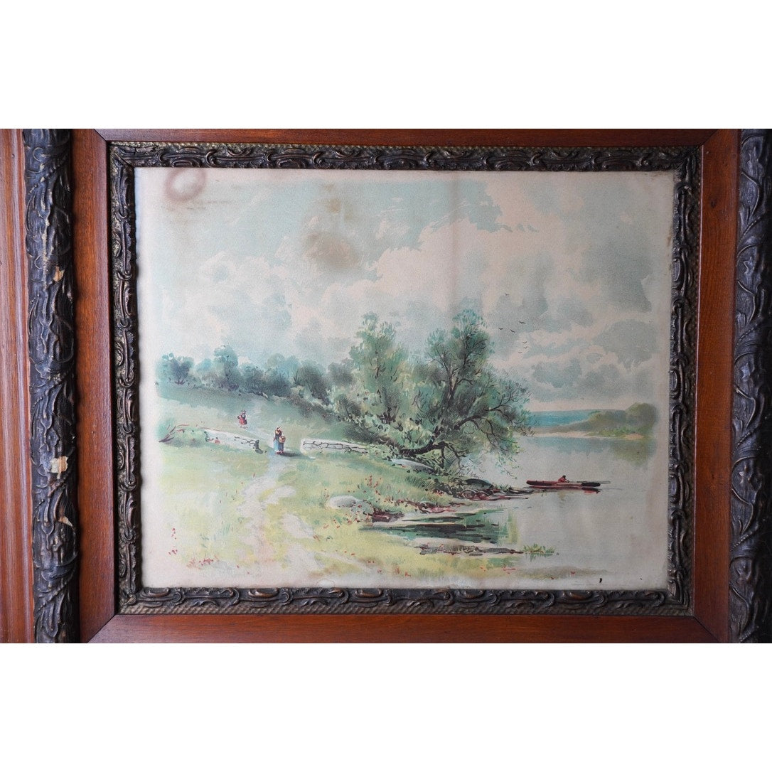 Antique Victorian Print of Tranquil Riverside Scene Signed S. A. Mullholland dated 1897