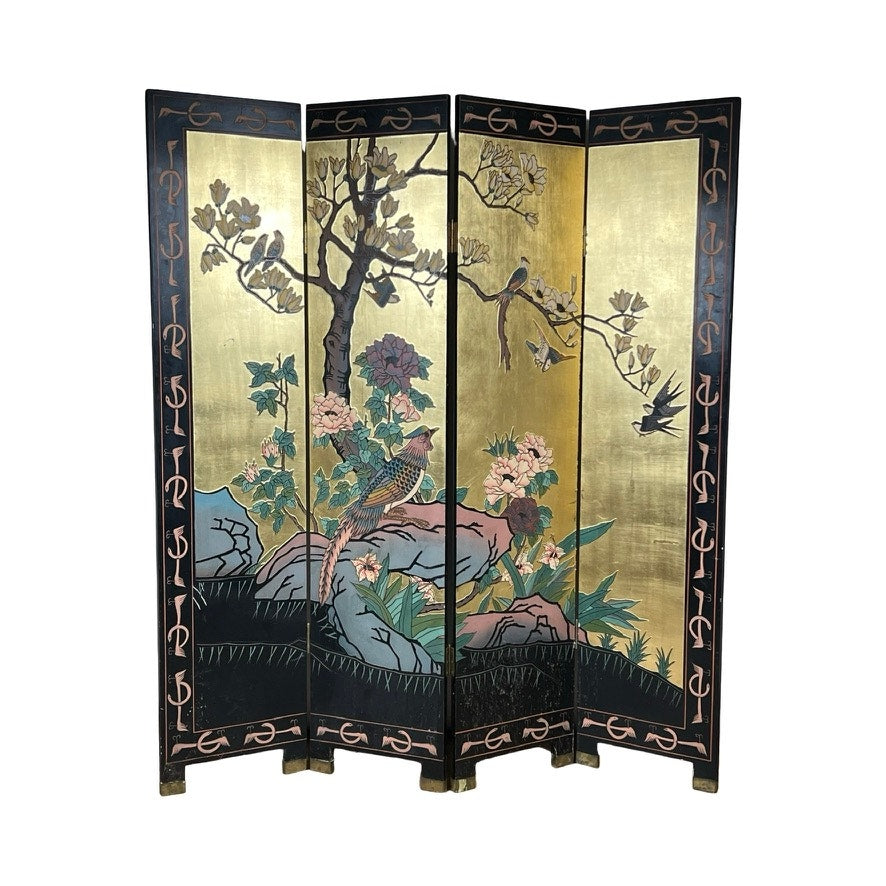 The Vintage Asian Black Lacquer Coromandel Room Screen is a four-panel folding divider with a gold background, painted birds, flowers, and a tree, plus decorative abstract gold and bronze borders. Brand: None/Unknown.